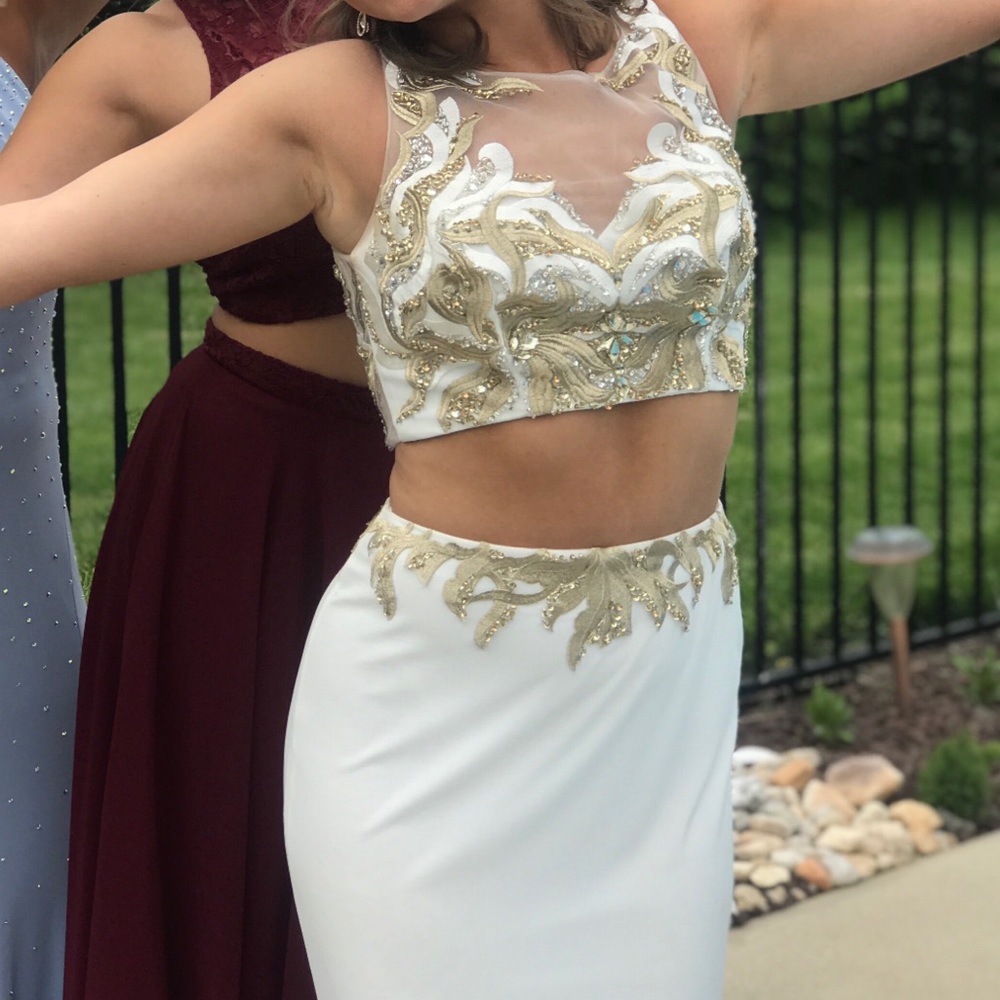 Jovani white and gold 2 piece prom dress